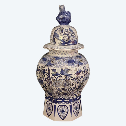 Pot couvert potiche décor Delft AD chien de Fô chinois oiseaux