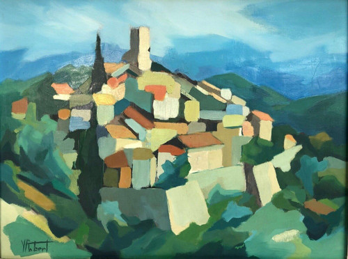 Huile sur toile composition moderne par Michel Ferbert 1950 paysage du Sud