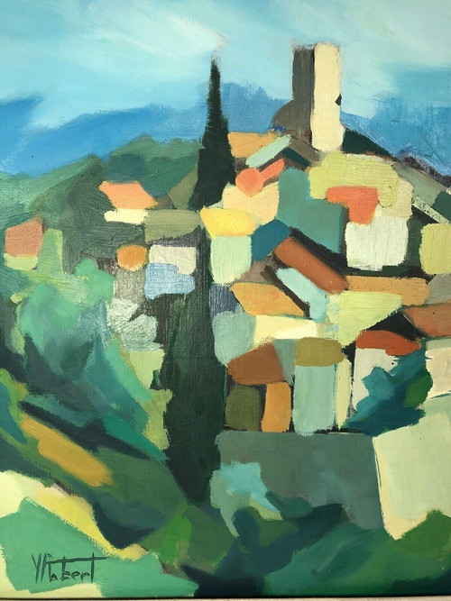 Huile sur toile composition moderne par Michel Ferbert 1950 paysage du Sud