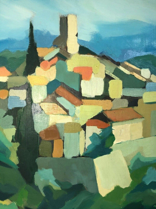 Huile sur toile composition moderne par Michel Ferbert 1950 paysage du Sud