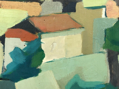 Huile sur toile composition moderne par Michel Ferbert 1950 paysage du Sud