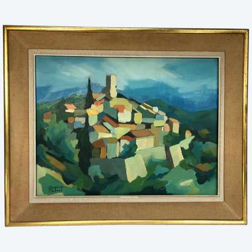Huile sur toile composition moderne par Michel Ferbert 1950 paysage du Sud