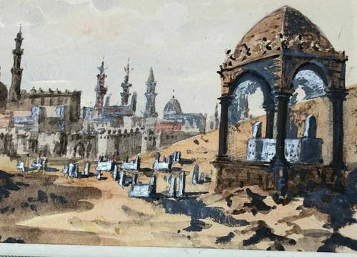 Acquerello paesaggio esotico Valle dei Califfi scorcio del Cairo