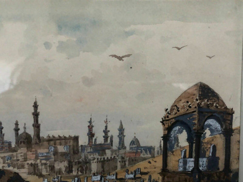 Acquerello paesaggio esotico Valle dei Califfi scorcio del Cairo