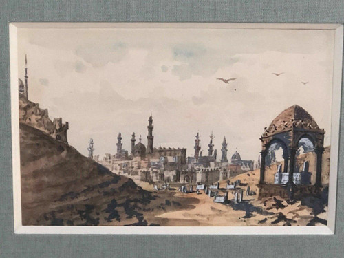 Acquerello paesaggio esotico Valle dei Califfi scorcio del Cairo