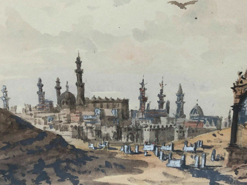 Acquerello paesaggio esotico Valle dei Califfi scorcio del Cairo