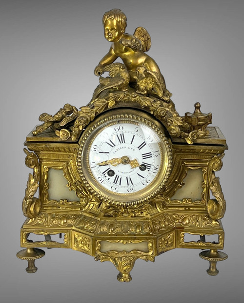 : 19th Century Bronze Clock In Louis XVI Style With Decor Of Angel And Doves
