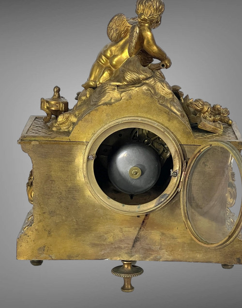 : 19th Century Bronze Clock In Louis XVI Style With Decor Of Angel And Doves