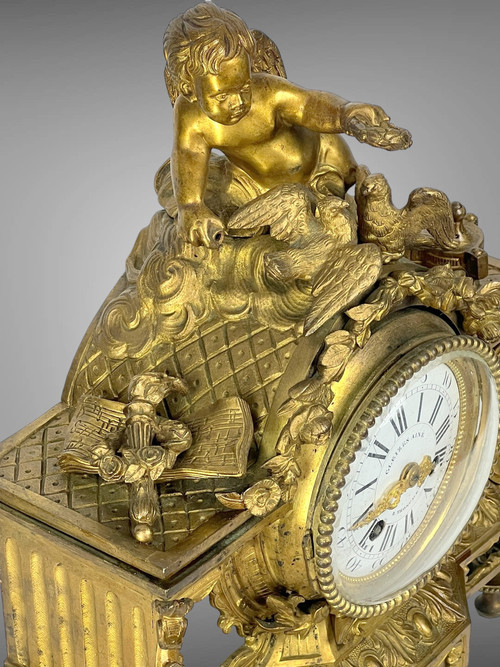 : 19th Century Bronze Clock In Louis XVI Style With Decor Of Angel And Doves