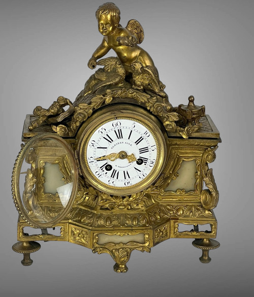 : 19th Century Bronze Clock In Louis XVI Style With Decor Of Angel And Doves