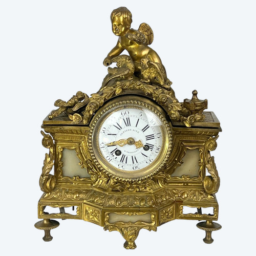 : 19th Century Bronze Clock In Louis XVI Style With Decor Of Angel And Doves