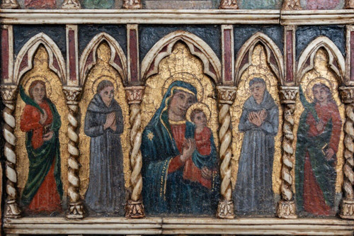Pannello in legno dipinto con scena biblica neogotica