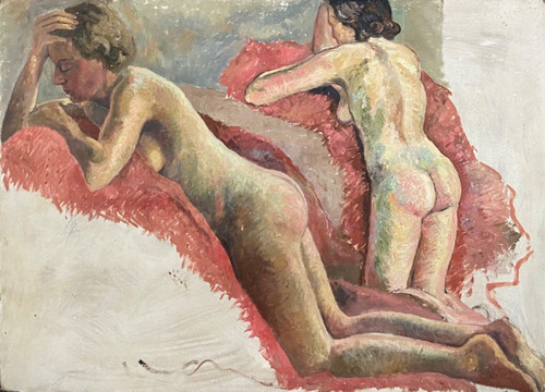 Ritratto di donne nude sdraiate laboratorio di Guillot Rafaillac olio del XX secolo