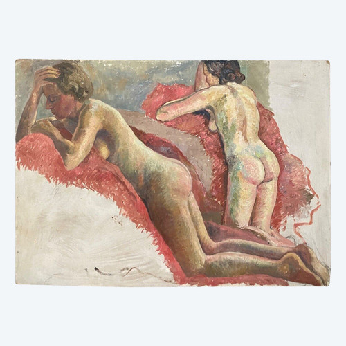 Ritratto di donne nude sdraiate laboratorio di Guillot Rafaillac olio del XX secolo