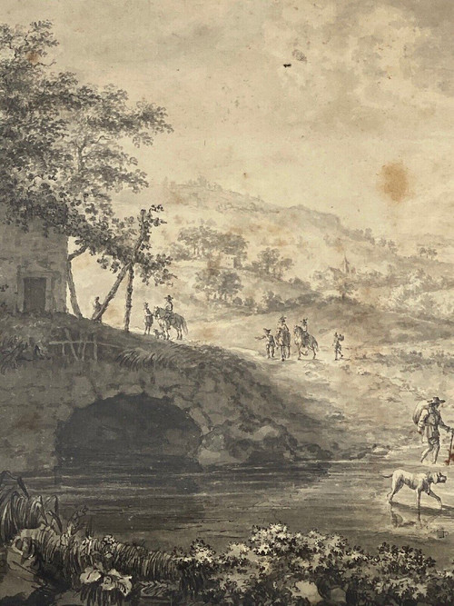 Dessin sur papier par Brandt famille enfant à cheval XVIIIe