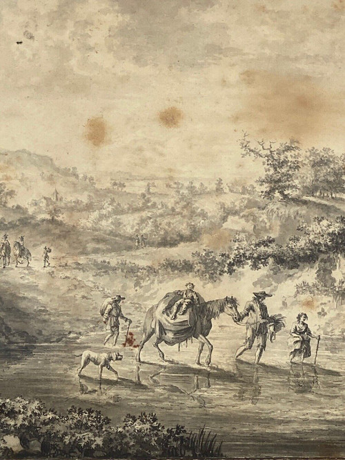 Dessin sur papier par Brandt famille enfant à cheval XVIIIe