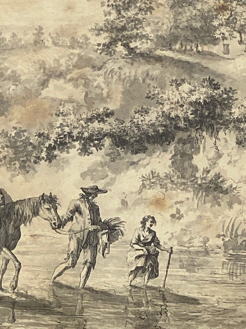 Dessin sur papier par Brandt famille enfant à cheval XVIIIe