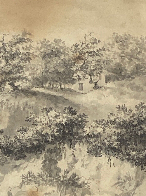 Dessin sur papier par Brandt famille enfant à cheval XVIIIe