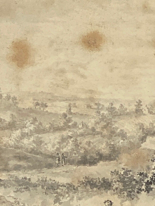 Dessin sur papier par Brandt famille enfant à cheval XVIIIe