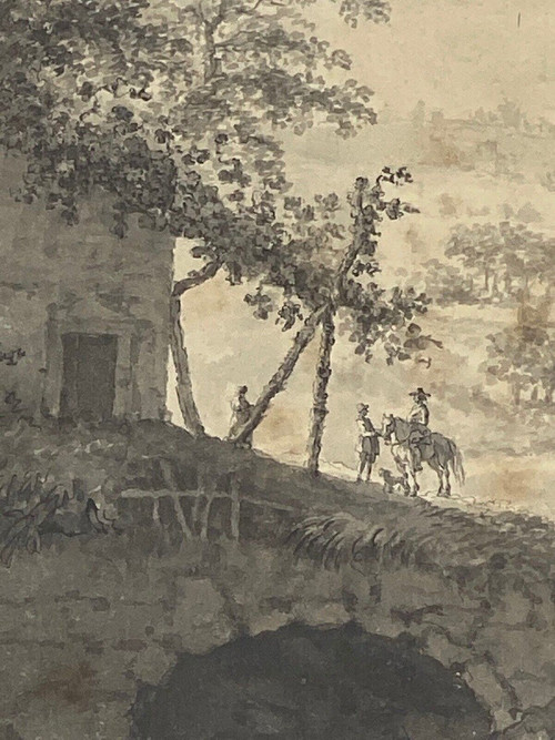 Dessin sur papier par Brandt famille enfant à cheval XVIIIe