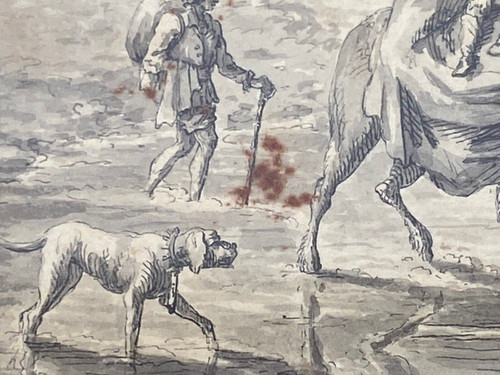 Dessin sur papier par Brandt famille enfant à cheval XVIIIe
