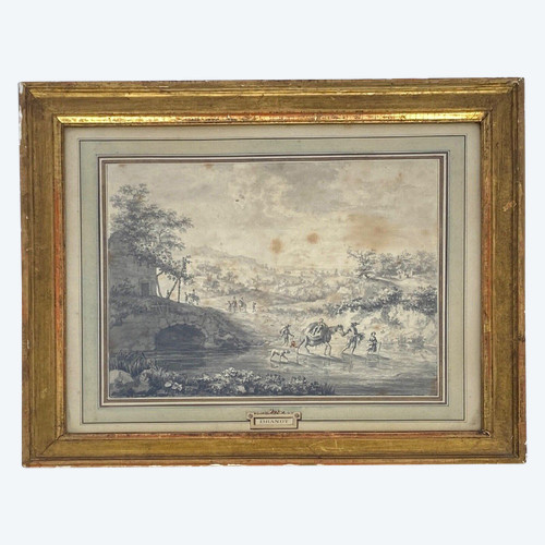 Dessin sur papier par Brandt famille enfant à cheval XVIIIe