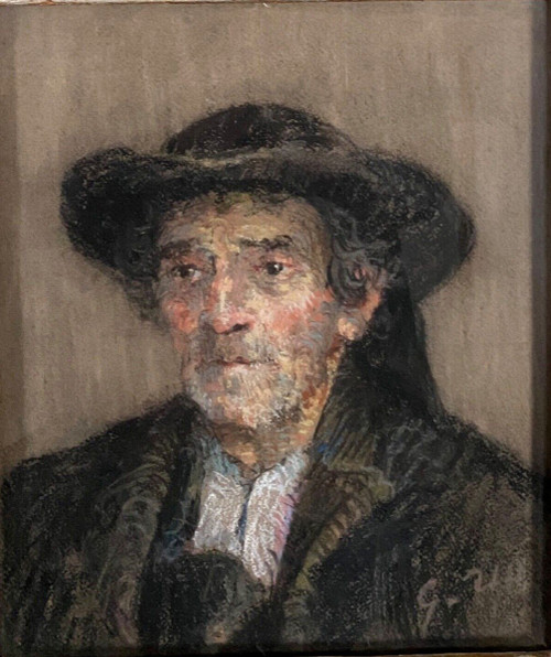 Pastell mit der Darstellung eines Bretonen von G. Rio 1920 gekalkter Rahmen
