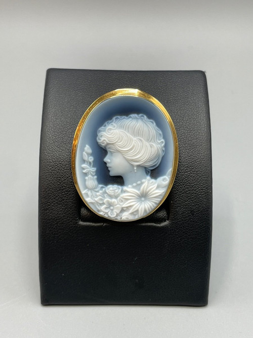 Ravissant Pendentif, Broche Camé Agate Bleu
