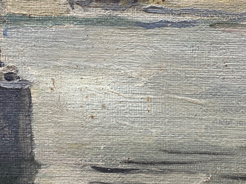 Huile sur toile Paris péniches par Sranti Datis signature à identifier 1900 XXe
