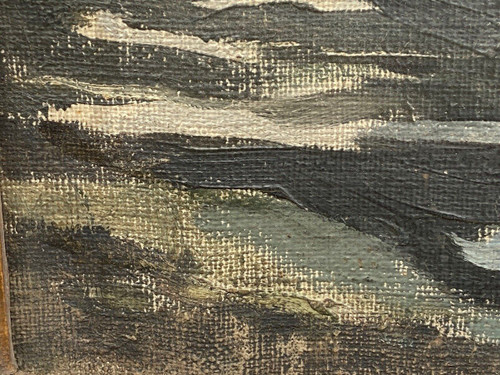 Huile sur toile Paris péniches par Sranti Datis signature à identifier 1900 XXe