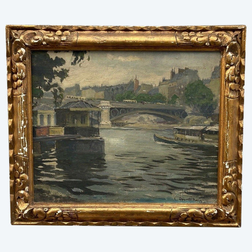 Huile sur toile Paris péniches par Sranti Datis signature à identifier 1900 XXe