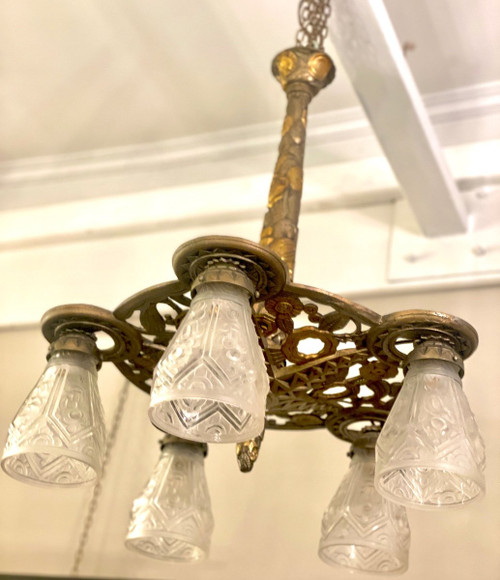 Bronze Art Deco Hanging Chandelier