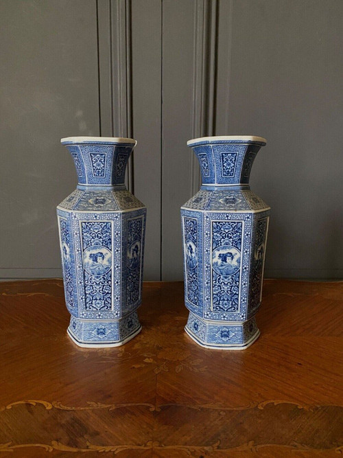 Pair of Japanese hexagonal vases with blue backgrounds DEC 739