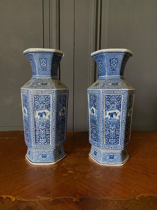 Pair of Japanese hexagonal vases with blue backgrounds DEC 739