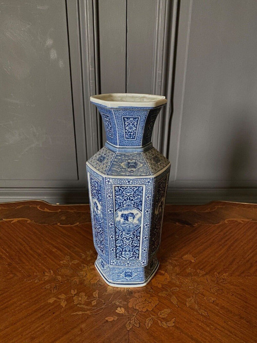 Pair of Japanese hexagonal vases with blue backgrounds DEC 739
