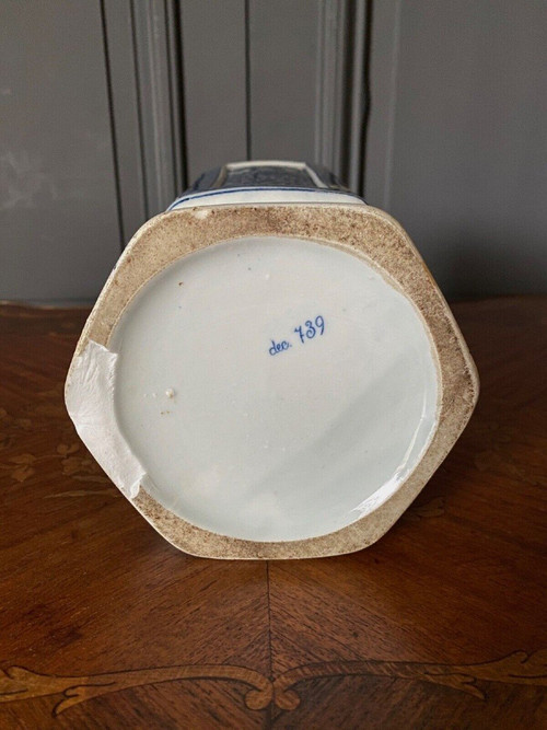 Pair of Japanese hexagonal vases with blue backgrounds DEC 739