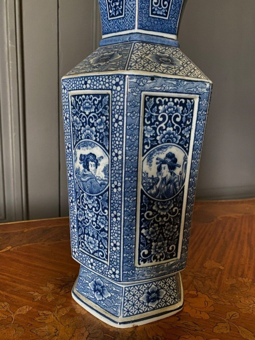 Pair of Japanese hexagonal vases with blue backgrounds DEC 739