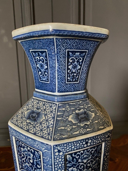 Pair of Japanese hexagonal vases with blue backgrounds DEC 739