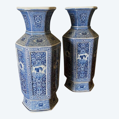 Pair of Japanese hexagonal vases with blue backgrounds DEC 739