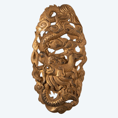Geschnitztes vergoldetes Holzpaneel mit Drachendekor China Indochina XIX.