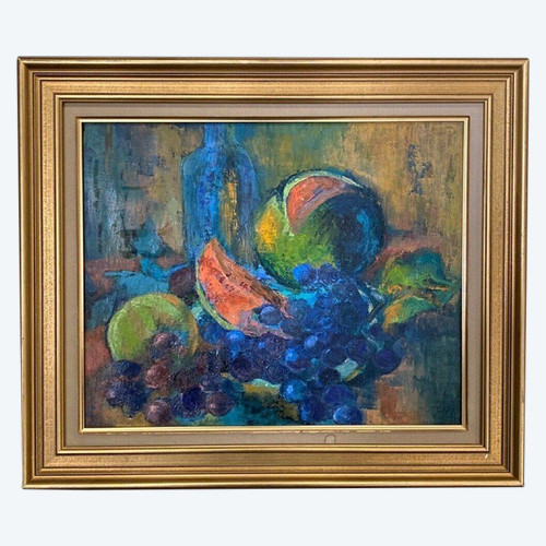 Öl auf Leinwand von Le Boterff Stillleben mit Früchten 1970 Goldener Rahmen