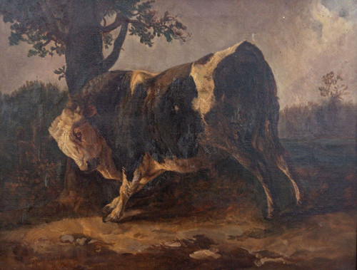 Huile sur toile taureau se frottant contre un arbre d'après Brascassat
