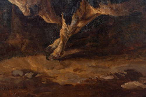 Huile sur toile taureau se frottant contre un arbre d'après Brascassat