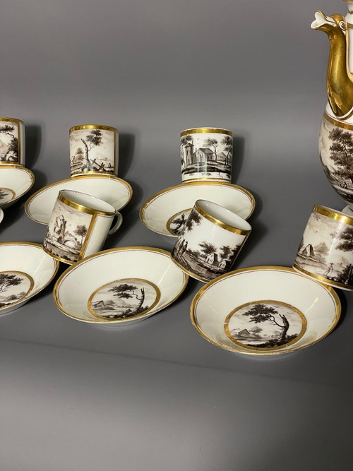 Kaffeeservice aus Porzellan im Empire-Stil, Landschaftsdekor in Grisaille