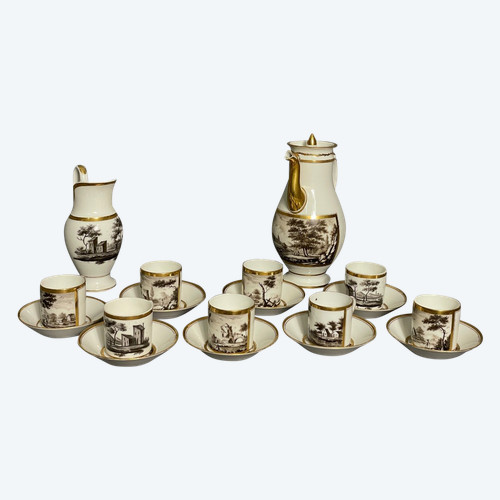 Kaffeeservice aus Porzellan im Empire-Stil, Landschaftsdekor in Grisaille