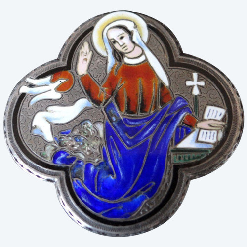 Spilla in argento cloisonné del XIX secolo 22 g, marchio del granchio Vergine Maria e colomba