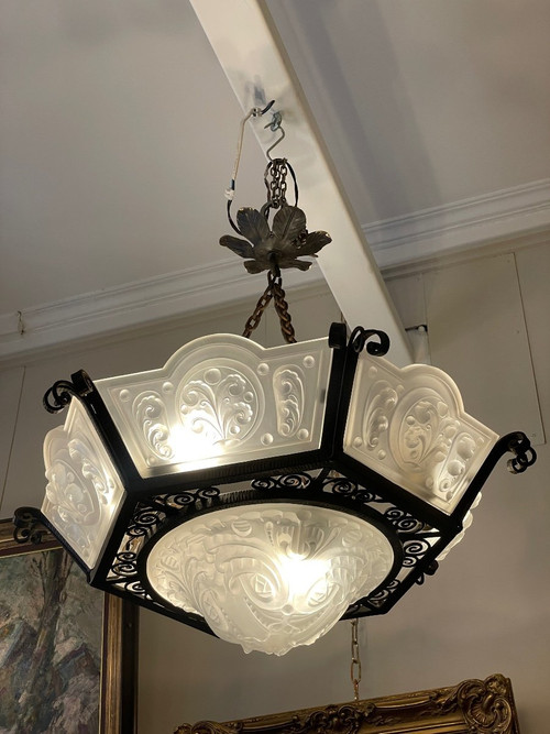  Lustre D’époque Art Déco en verre moulé