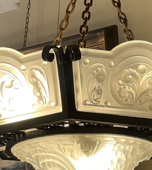  Lustre D’époque Art Déco en verre moulé