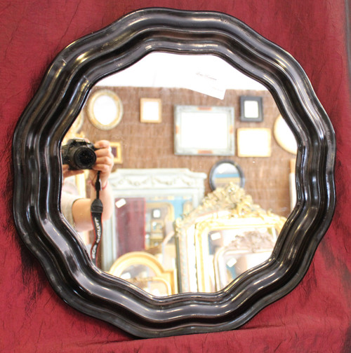Diamètre 51 Cm , Miroir Rond Napoléon III, Bois Laqué Noir