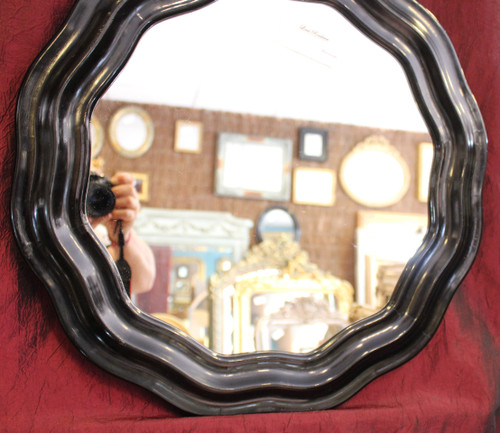 Diamètre 51 Cm , Miroir Rond Napoléon III, Bois Laqué Noir